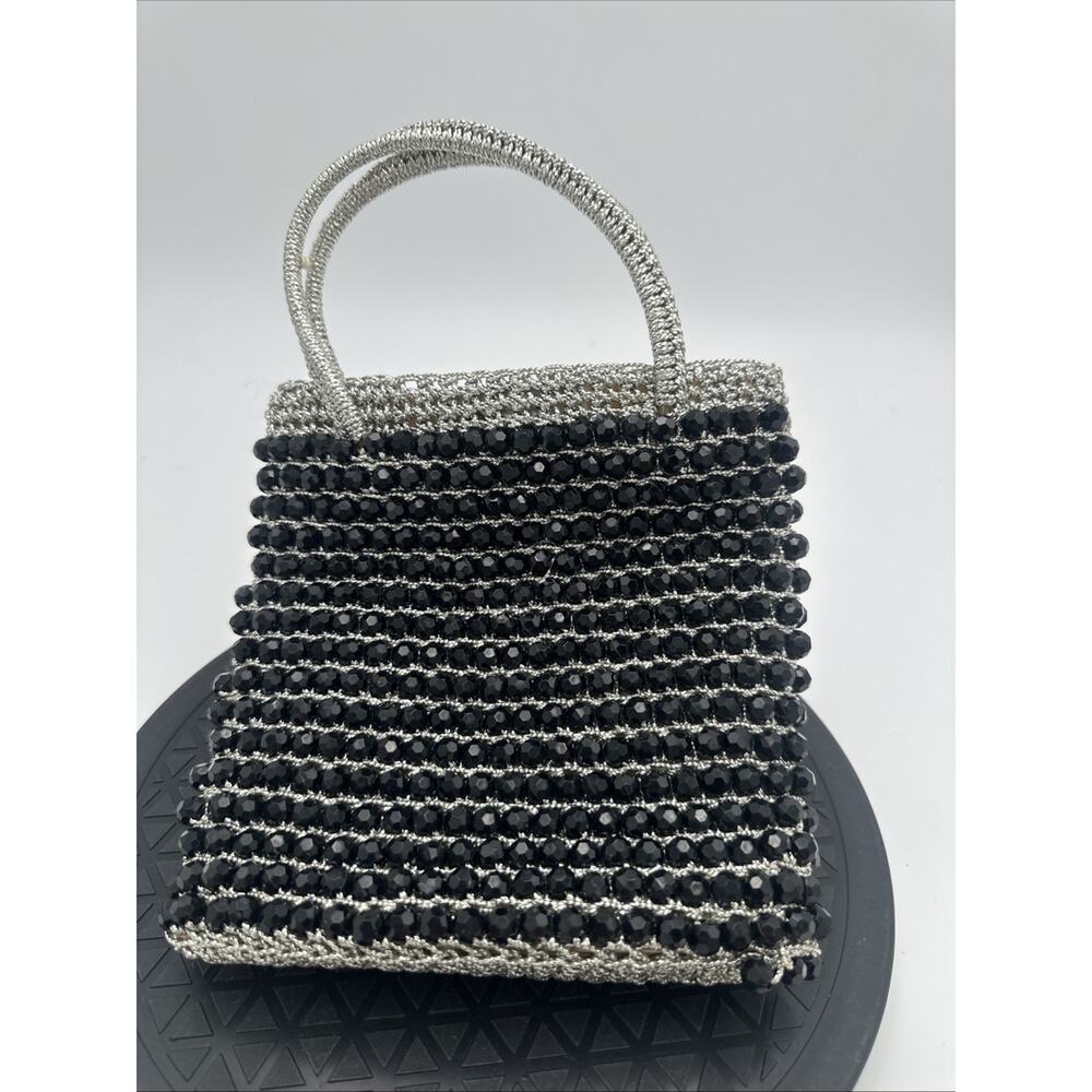 Vintage Black And Silver Beaded Handbag Purse Snap Closure EUC